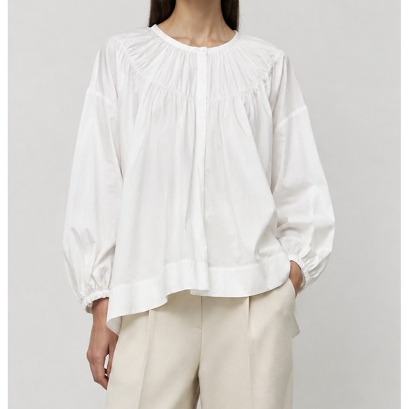 COS Tops - COS White Cotton Poplin Oversized Gathered Neckline Blouse Large Popover Top